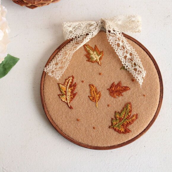 Embroidered Hoop Art, Autumn Leaves on Felt, 6" Stained Brown Wooden Frame, - Picture 2 of 10